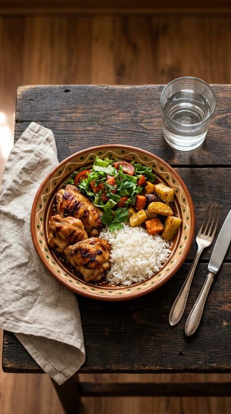 Prato caseiro de frango grelhado com arroz, salada e legumes assados, numa mesa de madeira